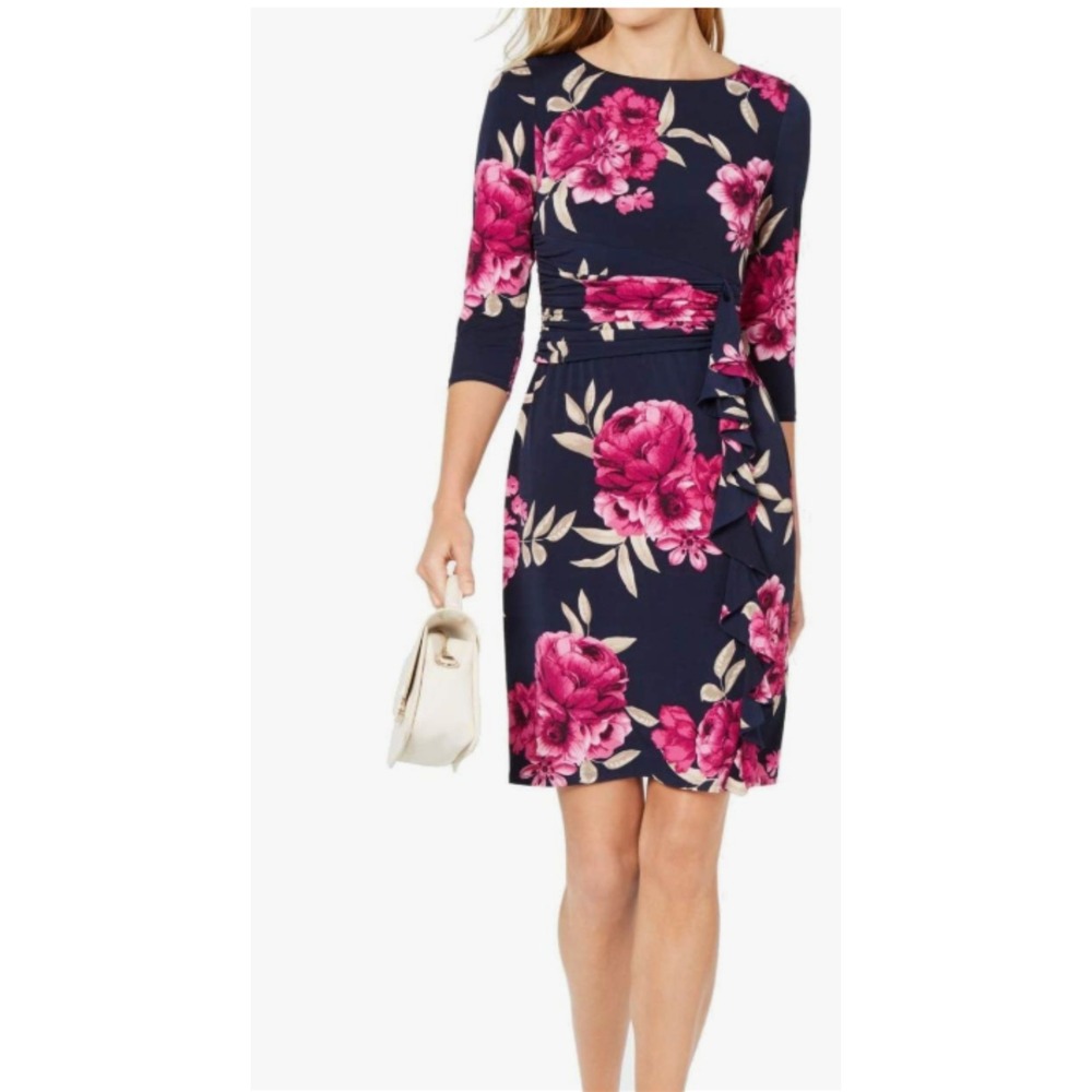 Jessica Howard Navy Pink Floral Faux Wrap Ruffle Sheath‎ Dress 16W 3/4 Sleeve